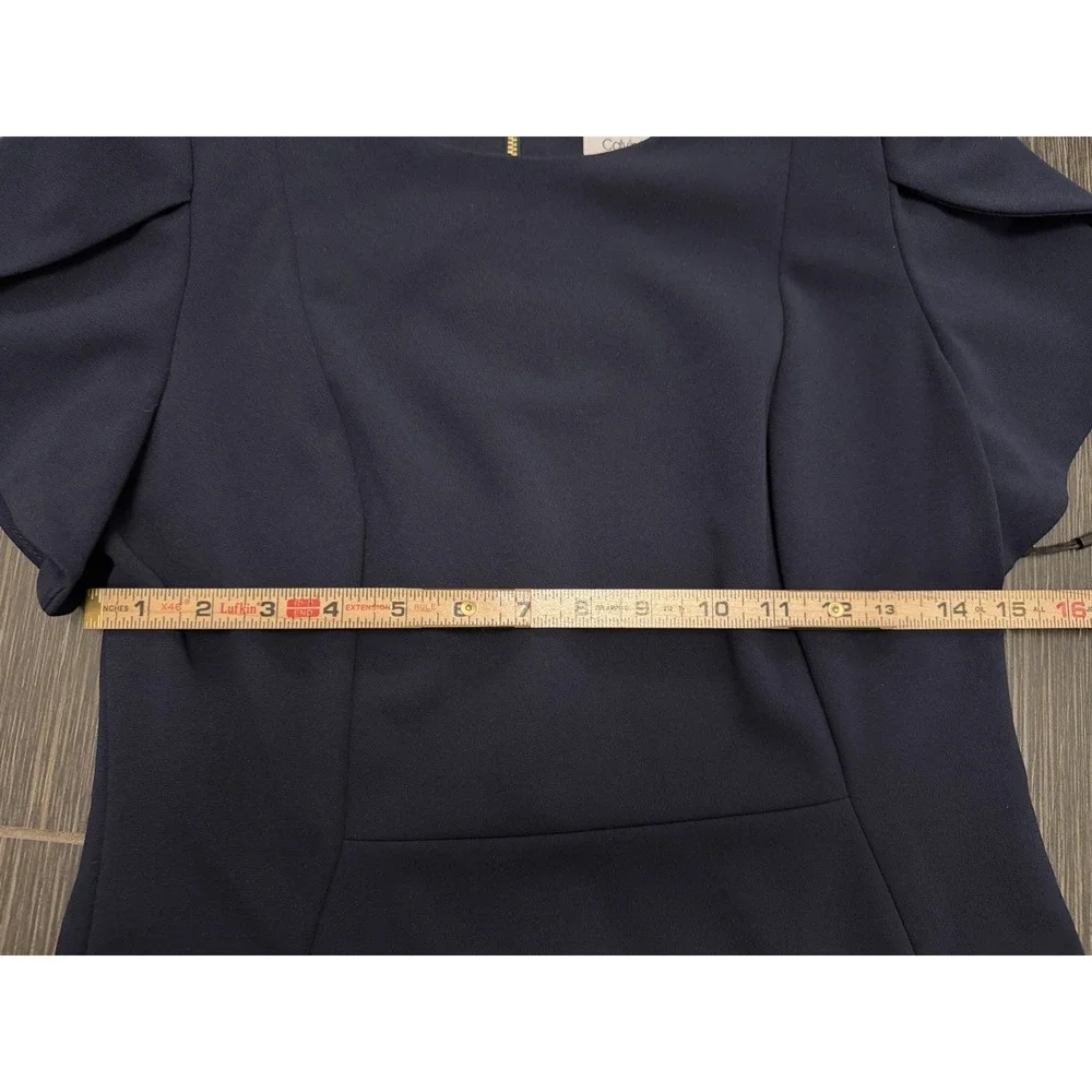 Calvin Klein Navy Blue Tulip Sleeve Stretch Crepe Sheath Dress Sz 10 NWT Office